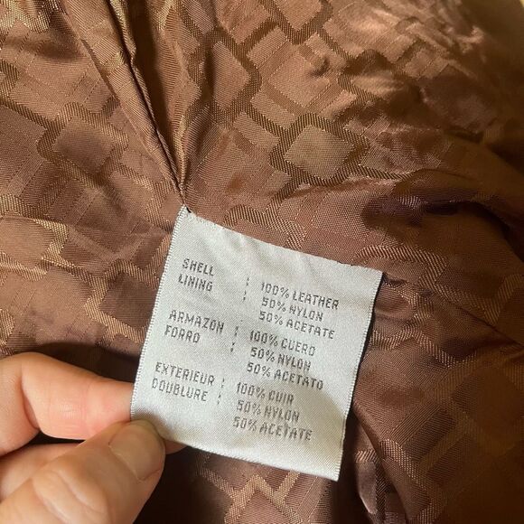 Vintage Nine West Brownβ Leather Coat Large Button Front Y2K Trench Jacket - Picture 7 of 11